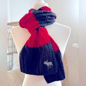 Abercrombie & Fitch Navy Red Striped Cable Knit Scarf Moose Logo Preppy Classic